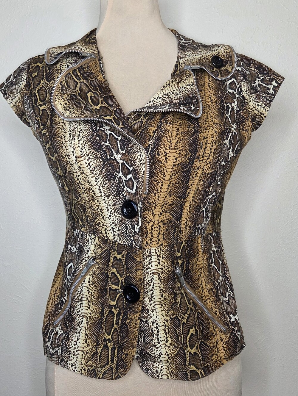Y2K Snake Print Moto Style Top Women's Large Zip Trim Pockets Mob Wife